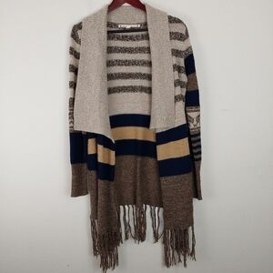 Chelsea & Violet Long Open Front Mixed Print Cardigan Sweater‎ Taupe Beige Sz M.